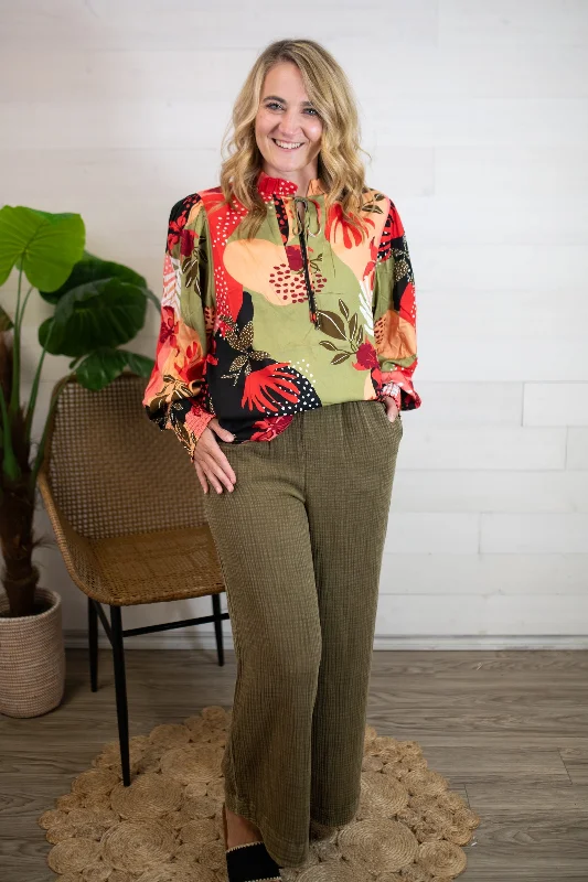 Rayon Printed Challis Mock Neck Blouse-Coral Olive Sheer Sleeve Blouse