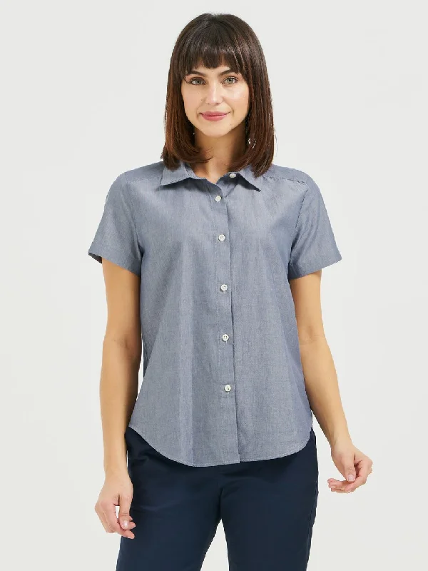 Ladies' Boyfriend Short Sleeve Blouse - Blue Chambray Chic Ruffle Blouse