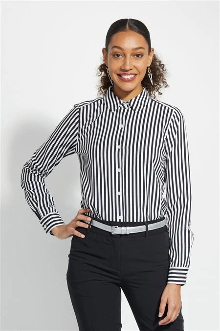 Ladies' Essential Blouse - Black/White Stripe Drape Neck Blouse