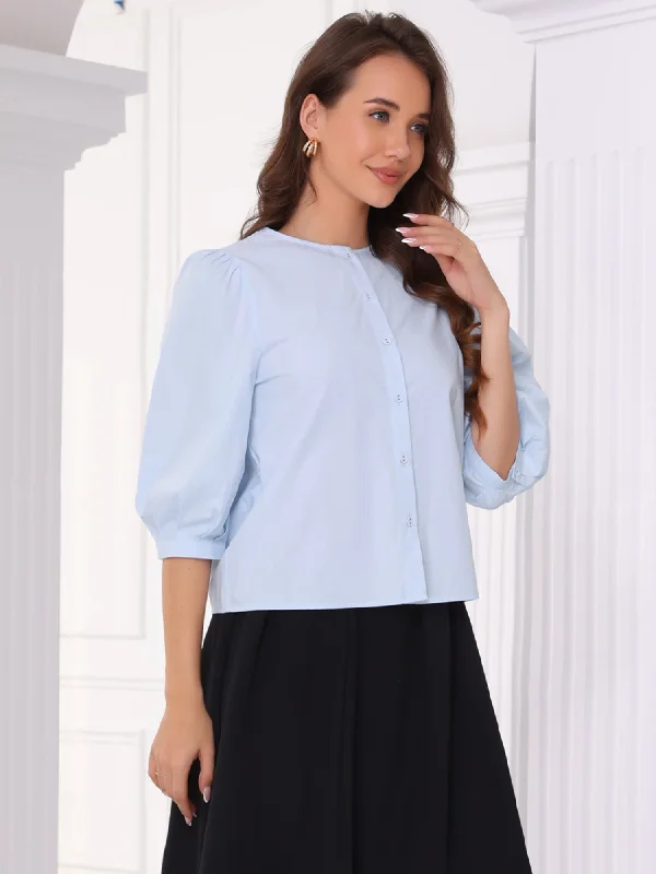 Button Down Cotton Puff Sleeve Crew Neck Blouse Peter Pan Blouse