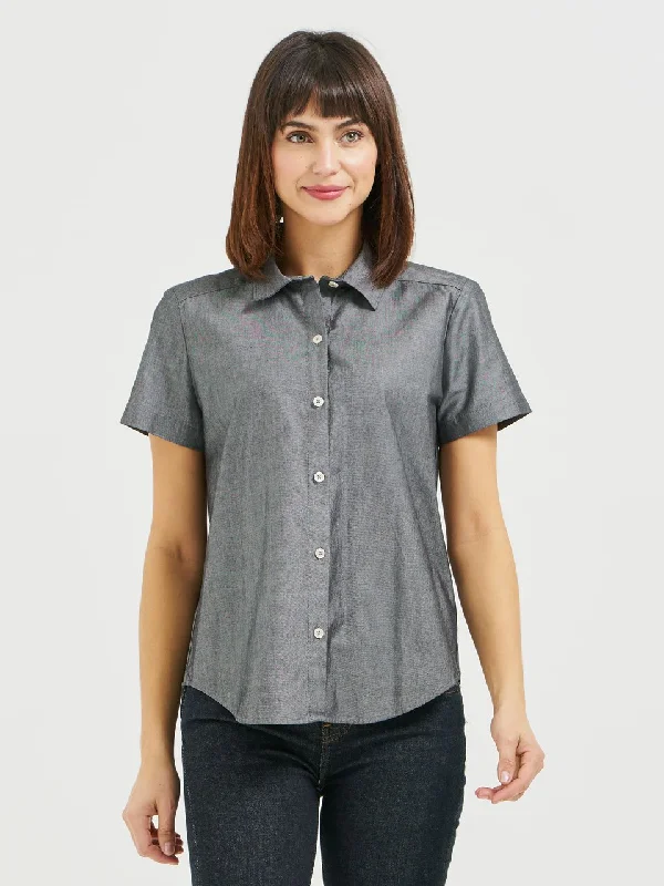 Ladies' Boyfriend Short Sleeve Blouse - Grey Chambray Airy Cotton Blouse