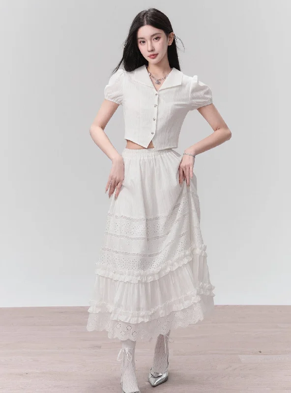 Ethereal Elegance Two-Piece Set: Puff Sleeve Crop Blouse & Tiered Lace Midi Skirt - Pure White Casual Relaxed Blouse Ethereal Elegance Two-Piece Set: Puff Sleeve Crop Blouse & Tiered Lace Midi Skirt - Pure White Casual Relaxed Blouse
