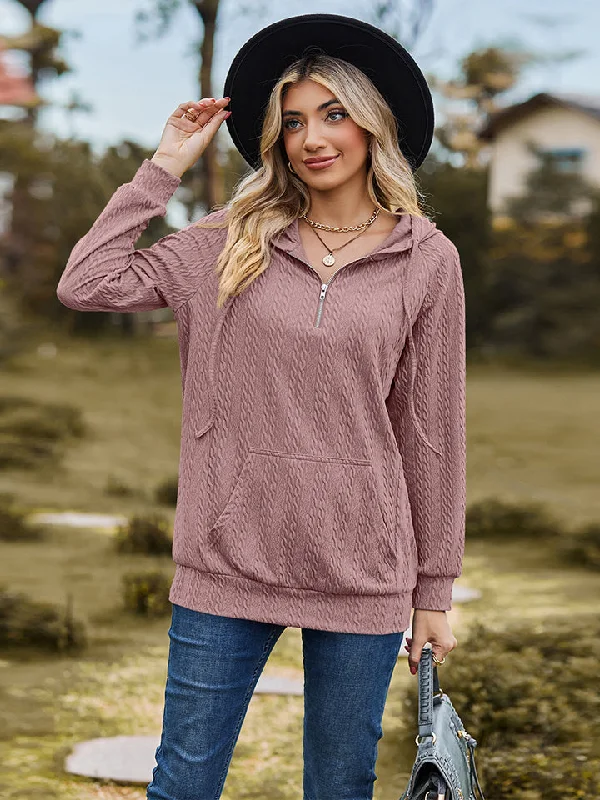 Cable-Knit Zip-Up Hooded Blouse Chic Ruffle Blouse