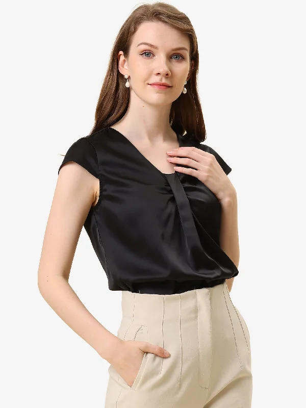 Office Blouse Elegant Cap Sleeve Lightweight V Neck Top Gathered Detail Blouse