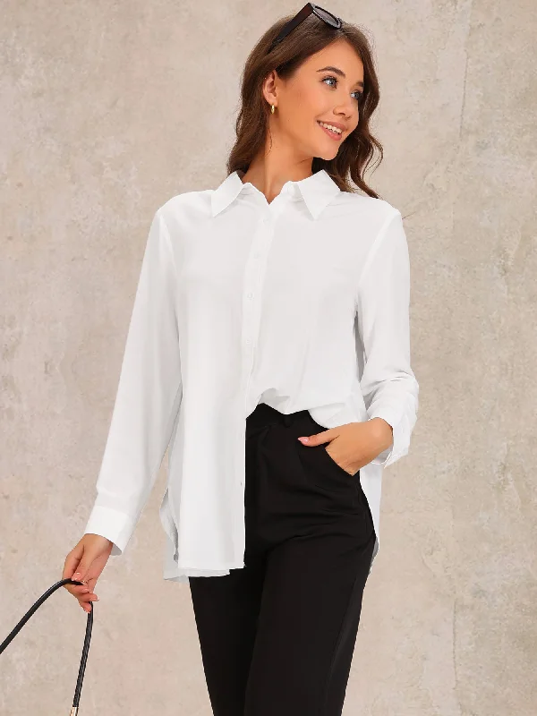 Button Down Collared Side Slit Long Sleeve Blouse Mandarin Collar Blouse