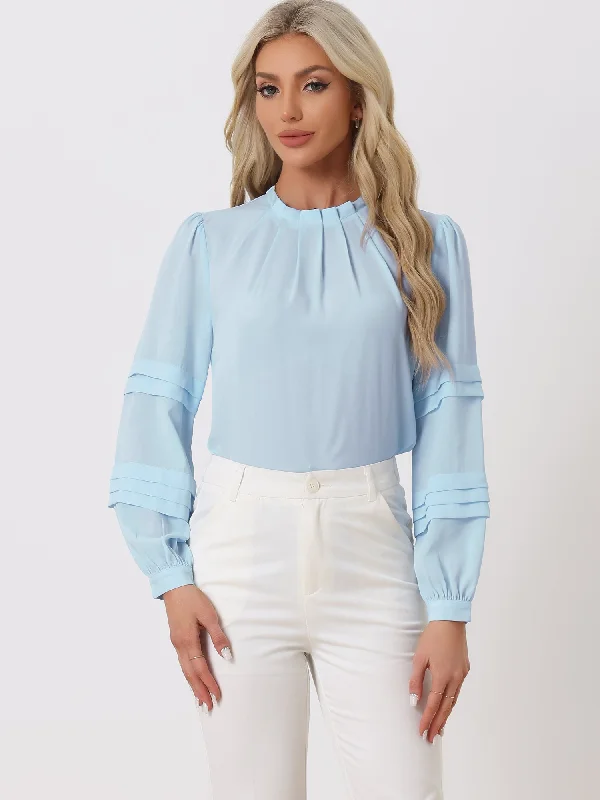 Mock Neck Pleated Solid Lantern Long Sleeve Blouse Boho Chic Blouse