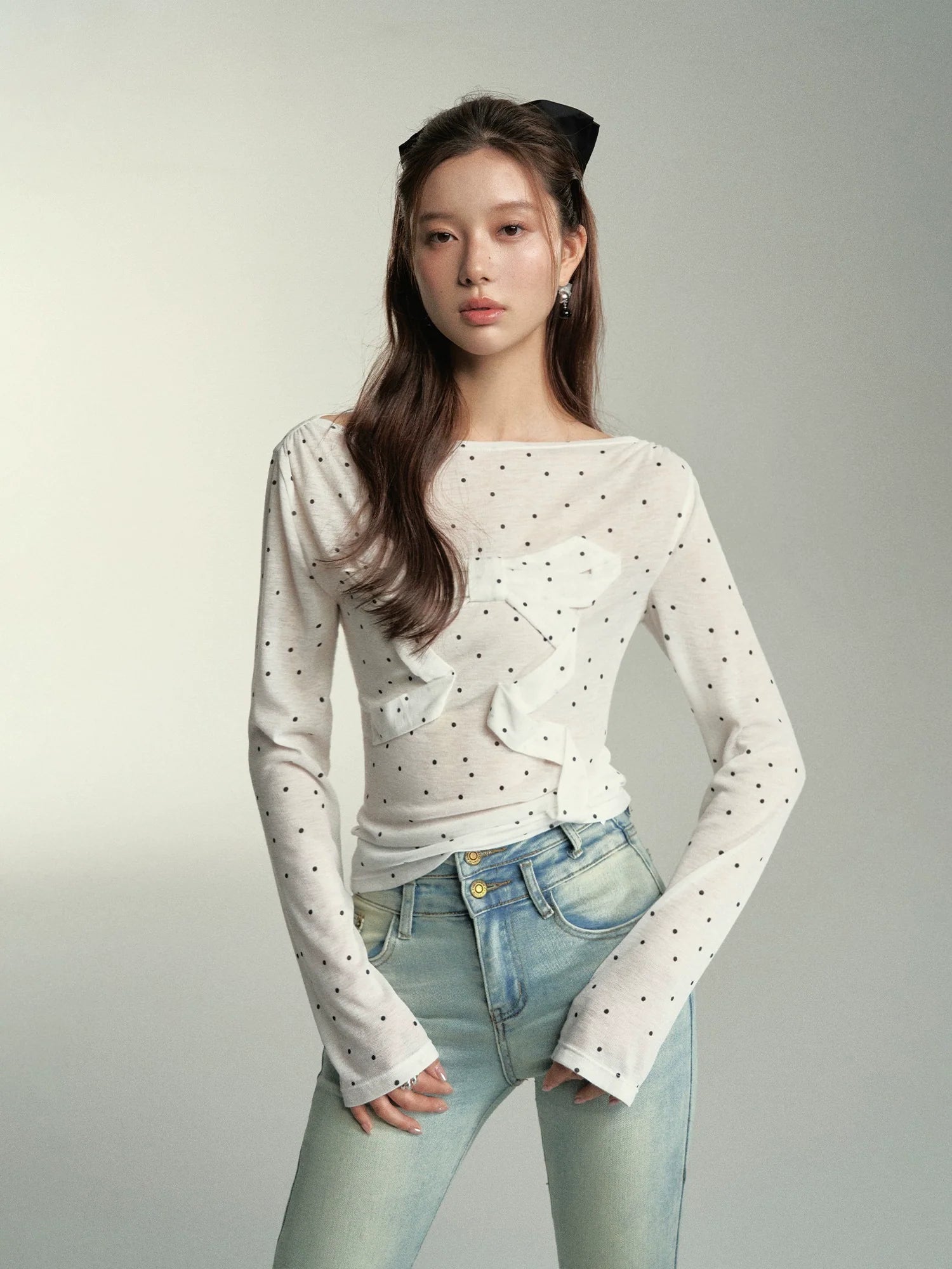 Refined Gray And White Polka Dot Print Long Sleeve Blouse With Bow Accent Soft Modal Blouse