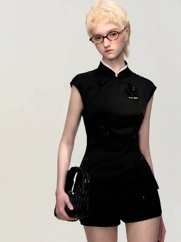 Modern Qipao Sleeveless Blouse Satin Bow Blouse