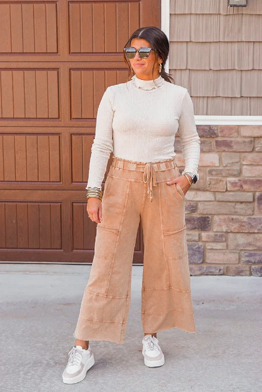 Happy Place Caramel Knit Pants Elegant Palazzo Trousers