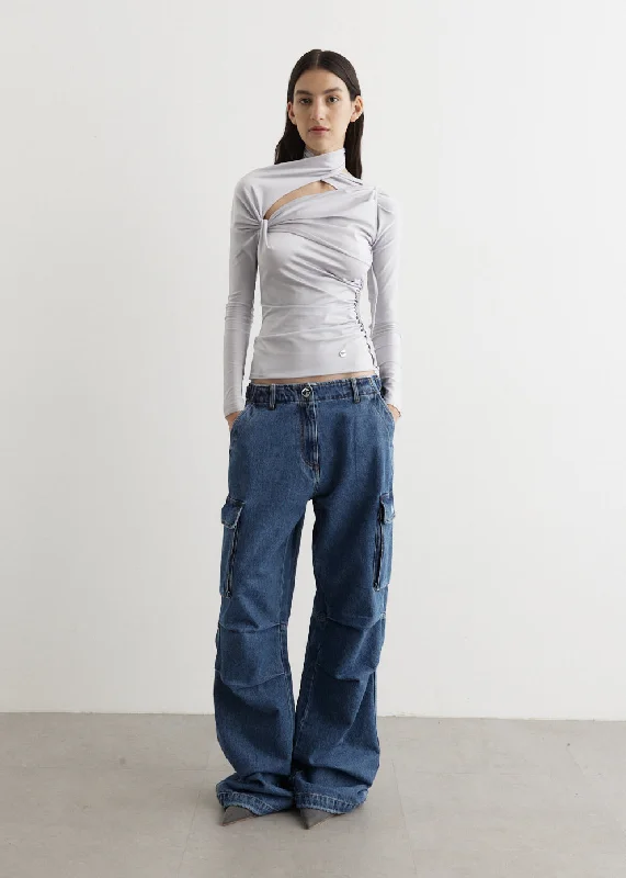 Denim Wide Leg Cargo Pants Relaxed Linen Pants