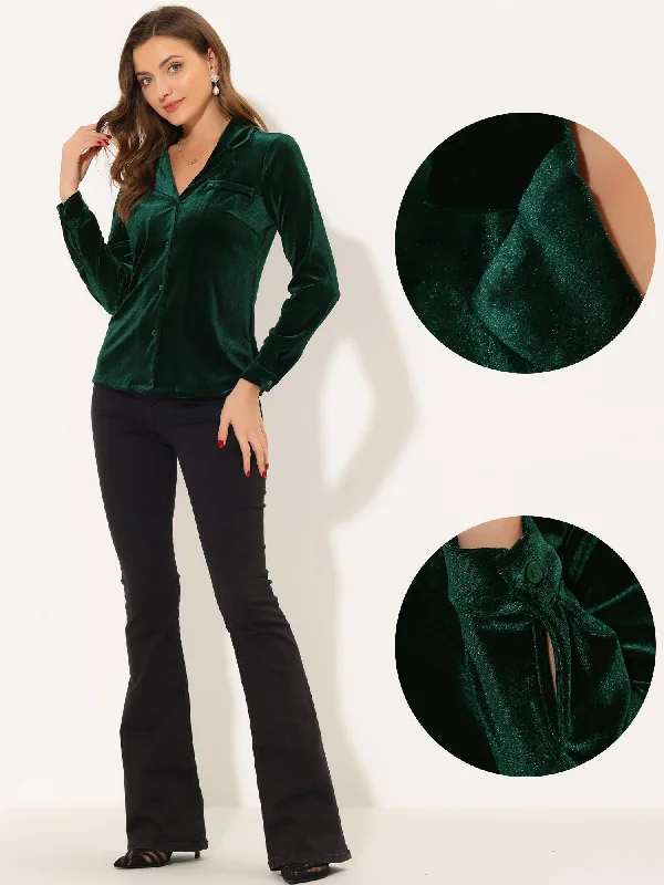 Velvet Blouse Collared Long Sleeve Button Down Shirt Top Elegant Office Blouse
