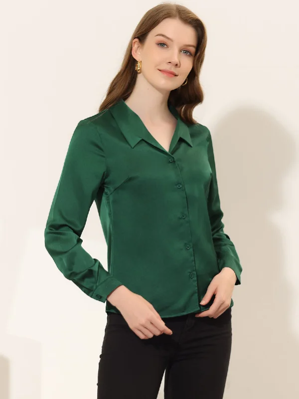 Satin Blouse Button Down Work Office Long Sleeve Top Feminine Puff Blouse