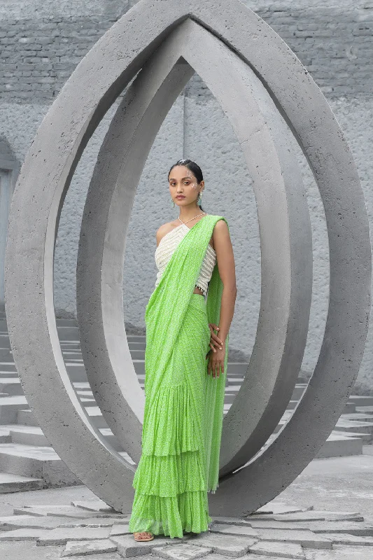 Lime Green Printed Pre-Stitched Saree And Blouse Vintage Polka Blouse