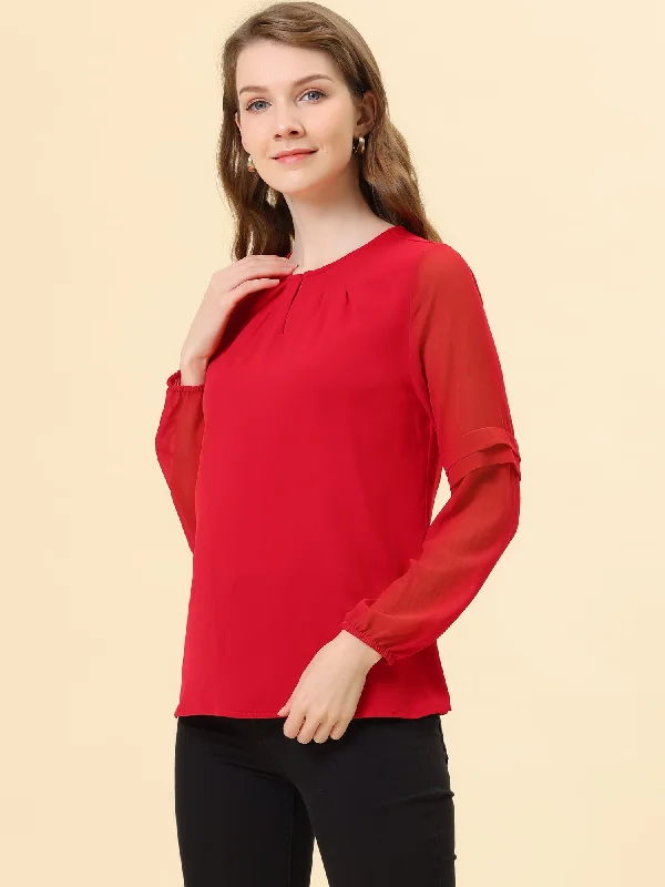 Chiffon Shirt Semi Sheer Keyhole Neck Elegant Work Blouse Boho Printed Blouse