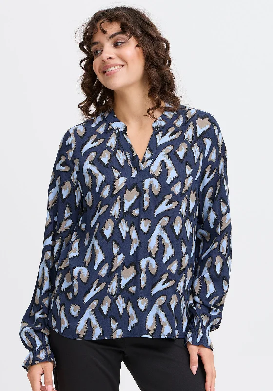 Fransa Flowy Animal Print V Neck Blouse, Navy Slim Fit Blouse