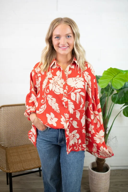 Rust Bubble Sleeve Printed Blouse Lightweight Linen Blouse