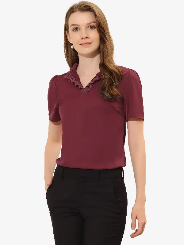 Casual Top V Neck Lace Eyelet Puff Short Sleeve Work Blouse Office-Ready Blouse