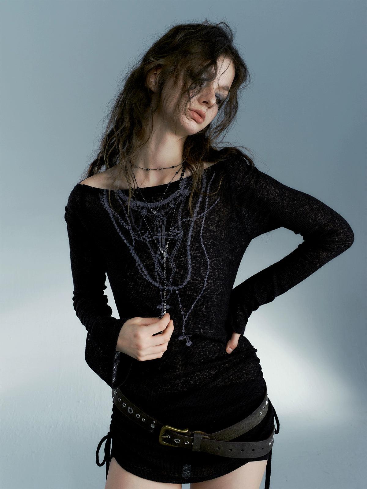Strike A Pose Women'S Gothic Necklace Print Top - Long Sleeve Ruched Side-Tie Boat Neck Blouse In Black Semi-Sheer Knit Flowy Bohemian Blouse