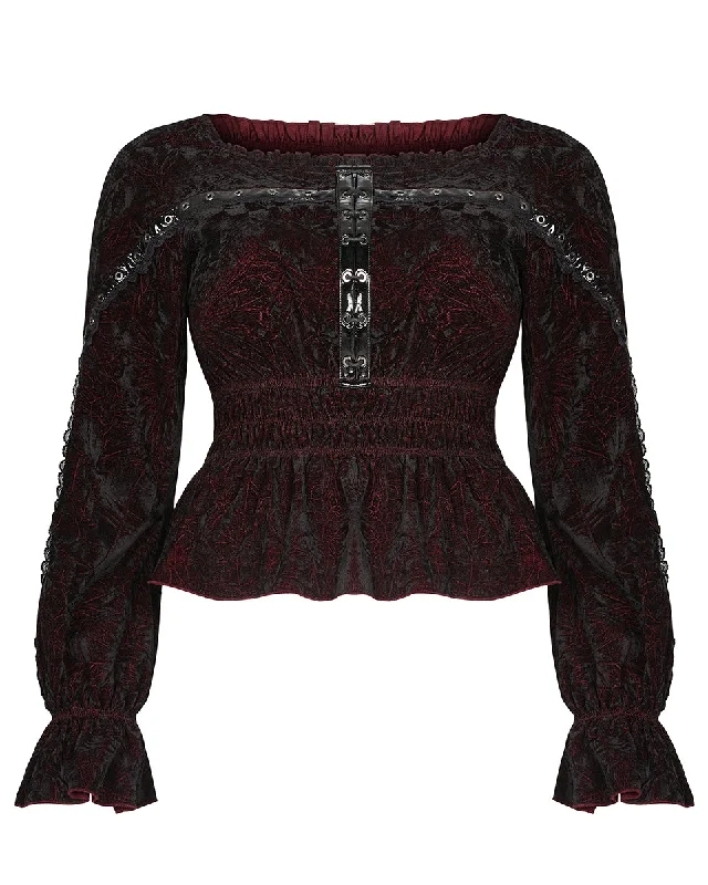 Punk Rave Plus Size Incarnadine Gothic Blouse Top - Red Textured Cotton Blouse