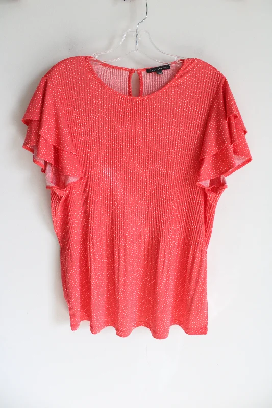 Adrianna Papell Coral Pink Dotted Pleat Blouse | L Cotton Casual Blouse