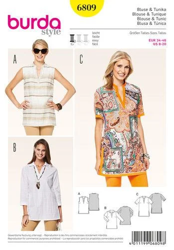 Burda Pattern 6809-Tops, Shirts & Blouses Sheer Sleeve Blouse