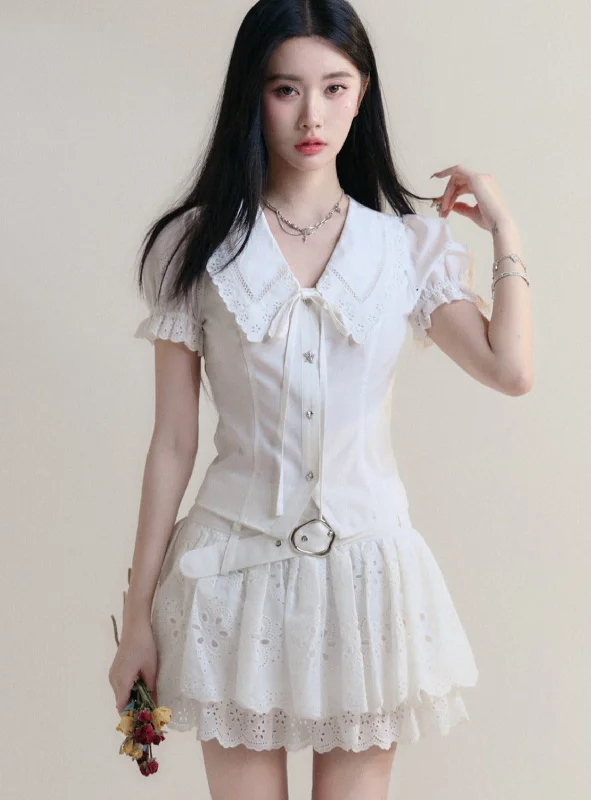 White Lace Collar Blouse and Eyelet Skirt Set Sheer Sleeve Blouse