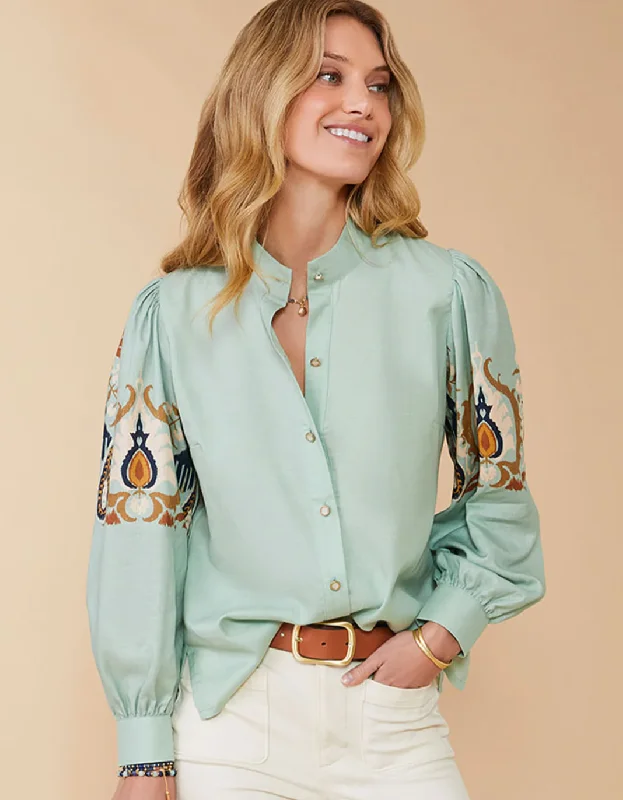 Paulette Blouse Kalalanta Ikat Palm Sea Foam Classic White Blouse