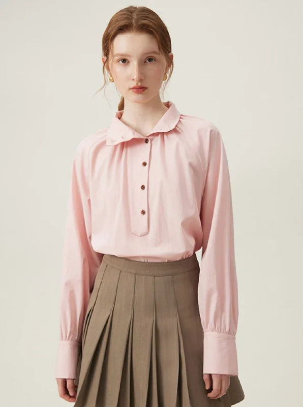 Pearl Button Collar Blouse Slim Fit Blouse