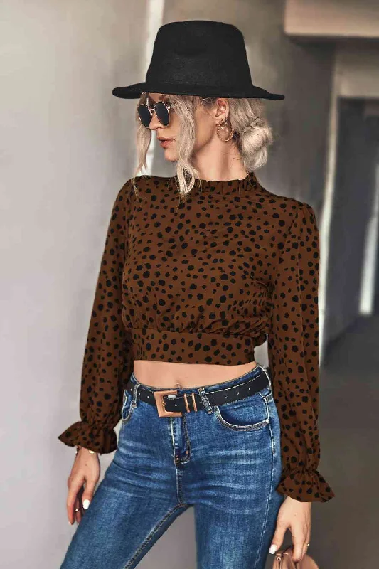 Animal Print Tie-Back Cropped Blouse Versatile Layering Blouse