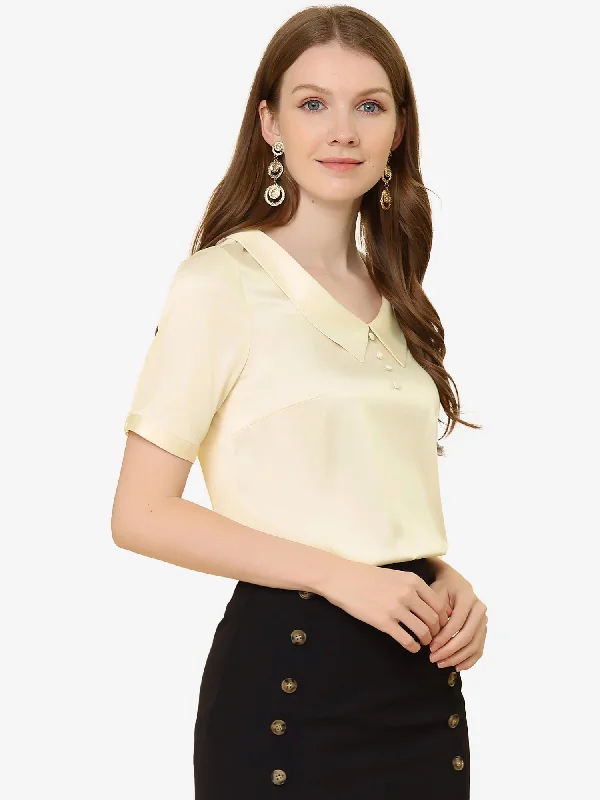 Work Top Turndown Collar Button Decor Short Sleeve Satin Blouse Side Tie Blouse