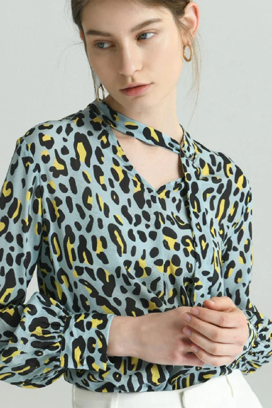 Fangyan | Blue Leopard Silk Blouse Silky Draped Blouse