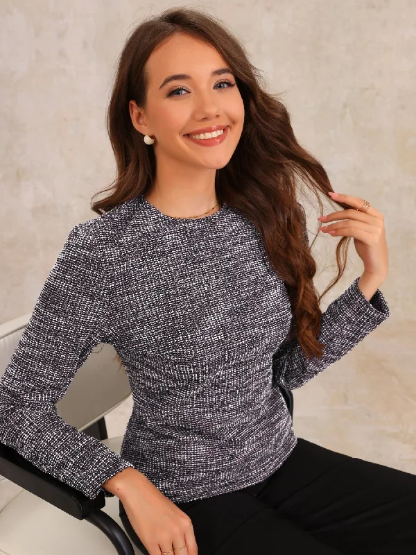 Tweed Zipper Back Long Sleeve Crew Neck Elegant Blouse Feminine Satin Blouse