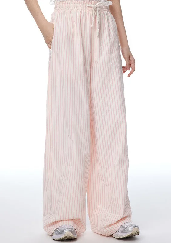 Pink Striped Pleated Lace Waist Casual Pants NTO0112 Slim-Fit Leggings