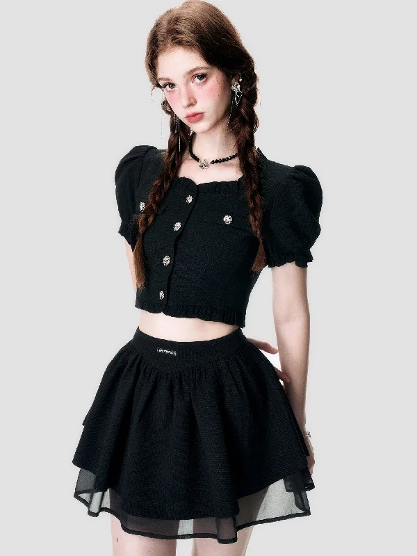 Elegant Lace Chiffon Blouse & Mini-Skirt Set Delicate Pleat Blouse