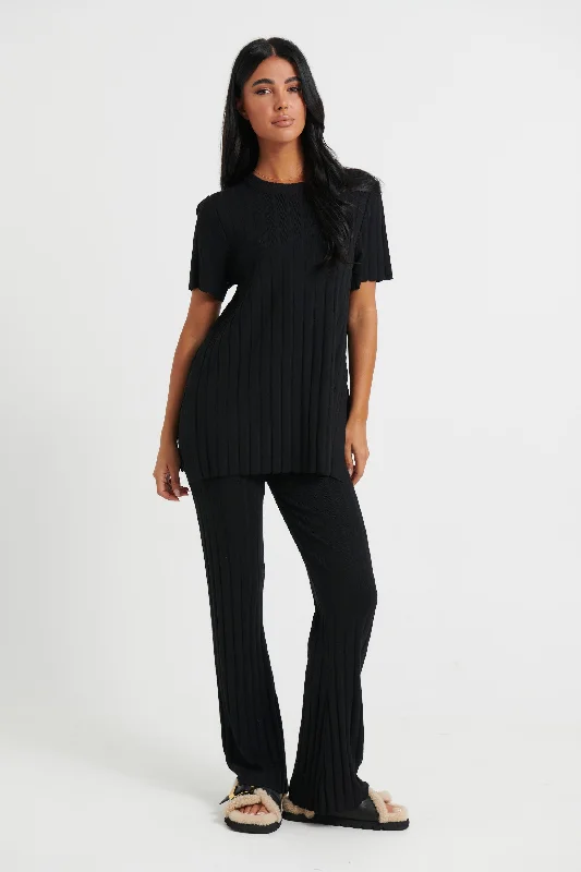 Leighton Ribbed Pant Black Chic Slim Fit Pants