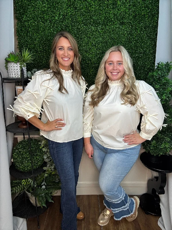 SOLID RUFFLED HIGH NECK BLOUSE FT/ALL OVER 3D BOWS - VANILLA Peter Pan Blouse