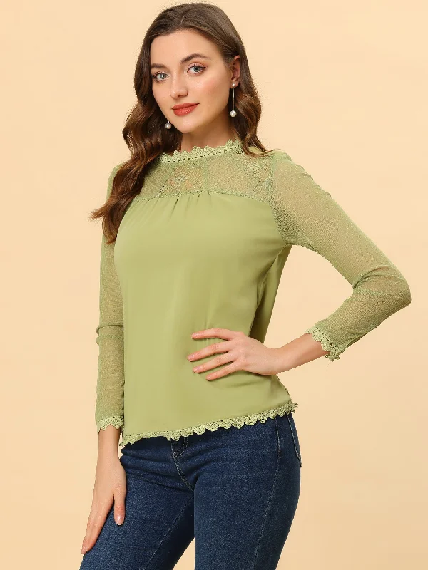 Lace Mesh Long Sleeve Round Neck Casual Elegant Blouse Elegant Silk Blouse