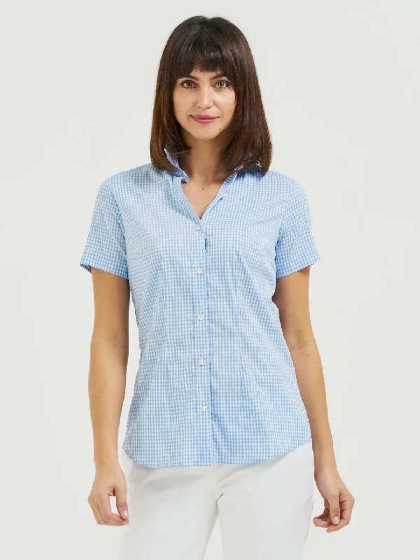 Ladies' Gingham Blouse - Light Blue Drape Neck Blouse