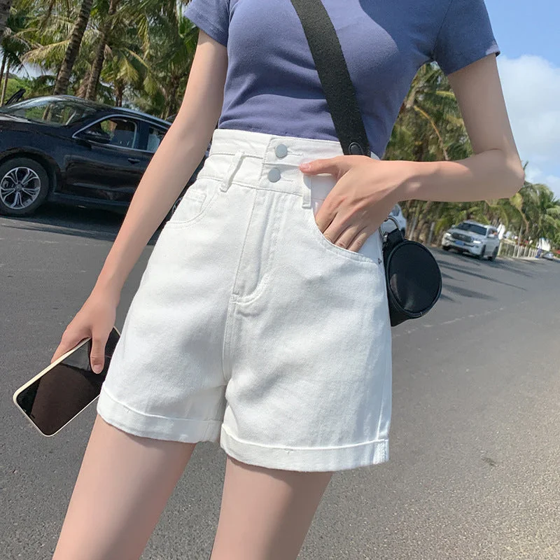 Denim shorts female summer ultra high waist loose double buckle thin flake explosion model white hot pants female Trendy Velvet Pants Denim shorts female summer ultra high waist loose double buckle thin flake explosion model white hot pants female Trendy Velvet Pants