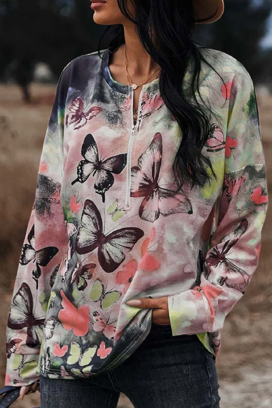 Butterflies Print Round Neck Zipper Front Blouse Lightweight Chiffon Blouse