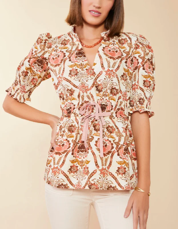 Tatum Blouse Mystic Moss Stencil Coral Slim Fit Blouse