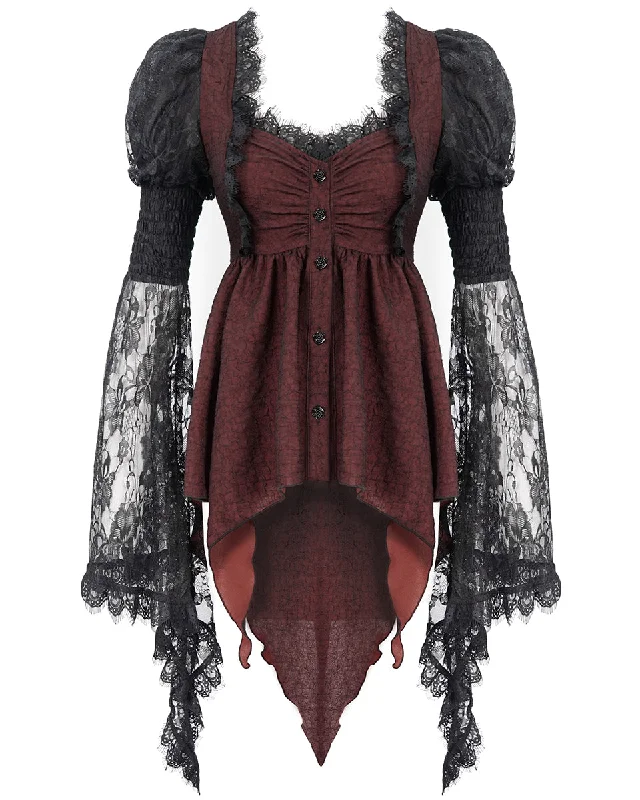 Devil Fashion Crimsonique Womens Gothic Chiffon Blouse Top - Red & Black Collared Satin Blouse Devil Fashion Crimsonique Womens Gothic Chiffon Blouse Top - Red & Black Collared Satin Blouse