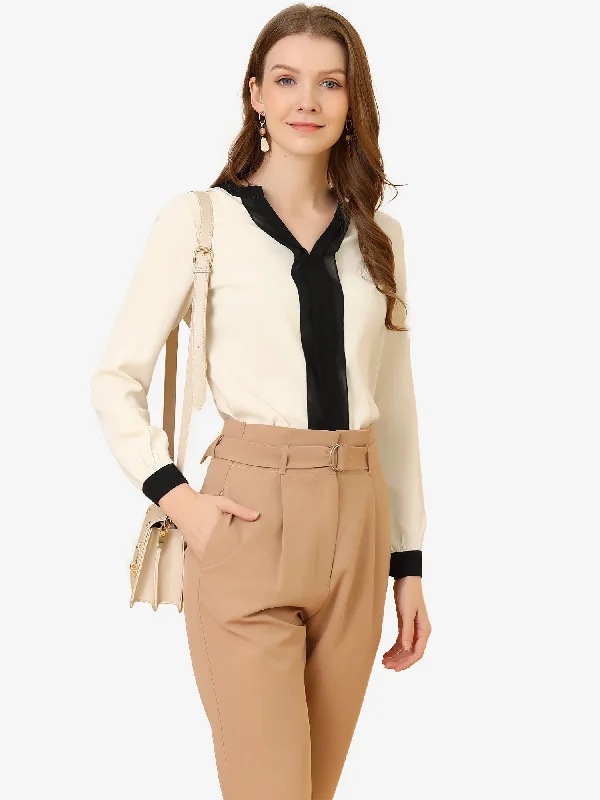 Split Neck Pleated Front Office Work Contrast Color Blouse Tops Frilled Cuff Blouse