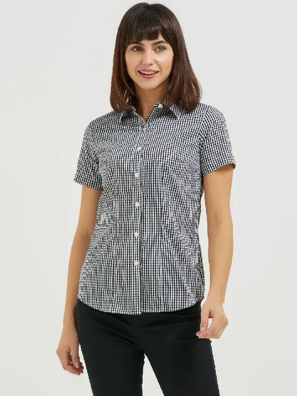 Ladies' Gingham Blouse - Black Feminine Ruffle Blouse