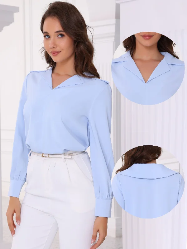 Collared Solid Long Sleeve Work Office Blouse Elegant Office Blouse