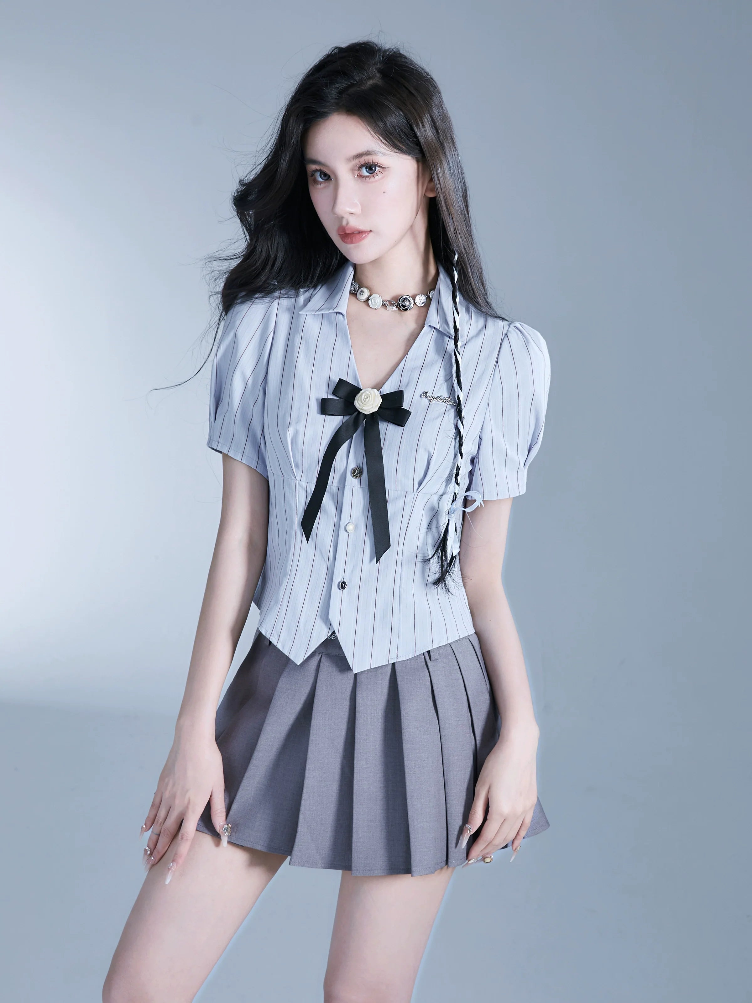 Fragile Heart Preppy Duo: Gray Pleated Mini Skirt and Bow-Tie Cropped Blouse Set Elegant Office Blouse Fragile Heart Preppy Duo: Gray Pleated Mini Skirt and Bow-Tie Cropped Blouse Set Elegant Office Blouse