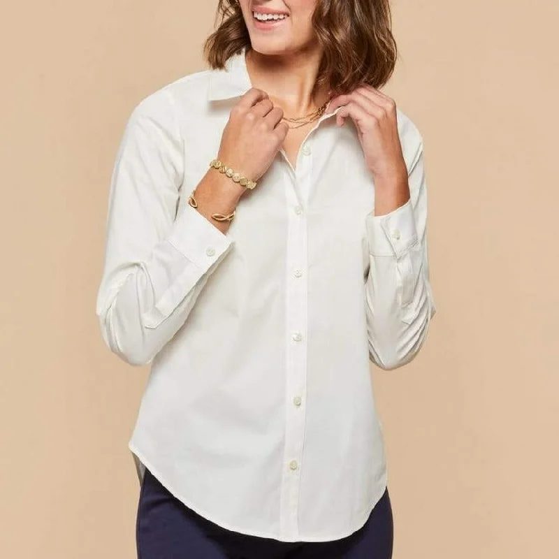 Patrice Stretch Poplin Blouse - Pearl White Elegant Embroidery Blouse