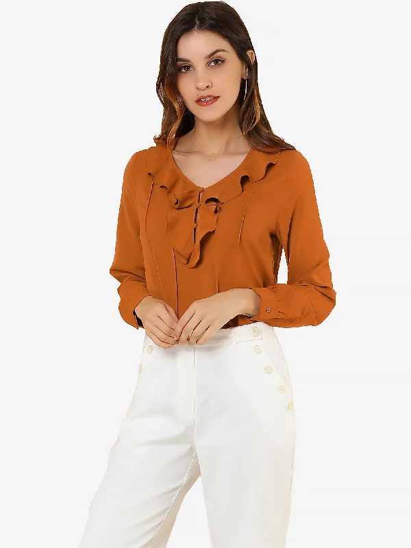 Ruffle Neck Pleated Business Casual Henley Button Up Peasant Blouse Versatile Layering Blouse Ruffle Neck Pleated Business Casual Henley Button Up Peasant Blouse Versatile Layering Blouse