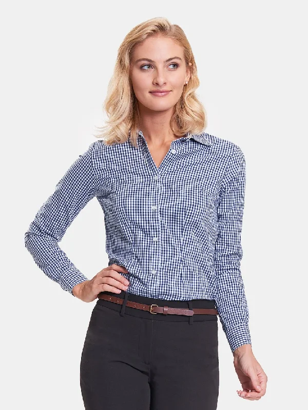 Ladies' Classic Gingham Blouse - Navy Soft Satin Blouse