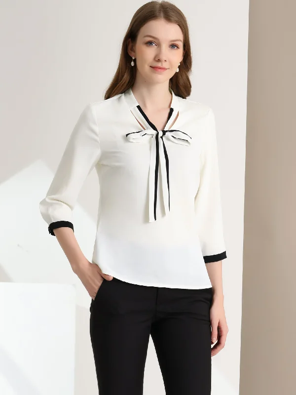 Office Blouse Bow Tie V Neck 3/4 Sleeve Elegant Chiffon Work Tops Balloon Sleeve Blouse Office Blouse Bow Tie V Neck 3/4 Sleeve Elegant Chiffon Work Tops Balloon Sleeve Blouse